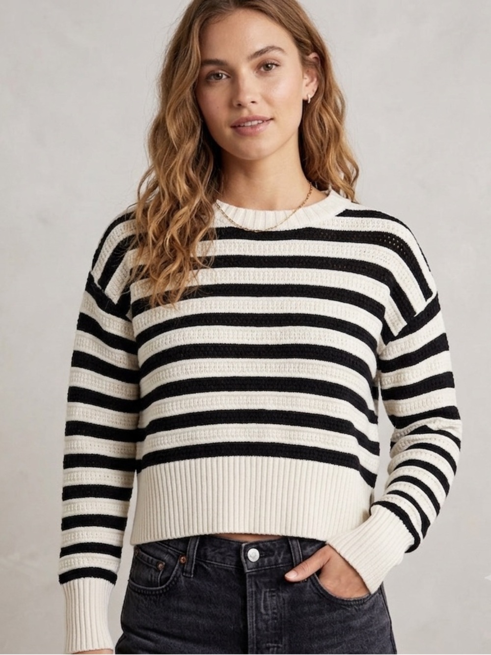 Autres Filles Striped Black and Cream Chunky Knit Women's Sweater, Size Large
